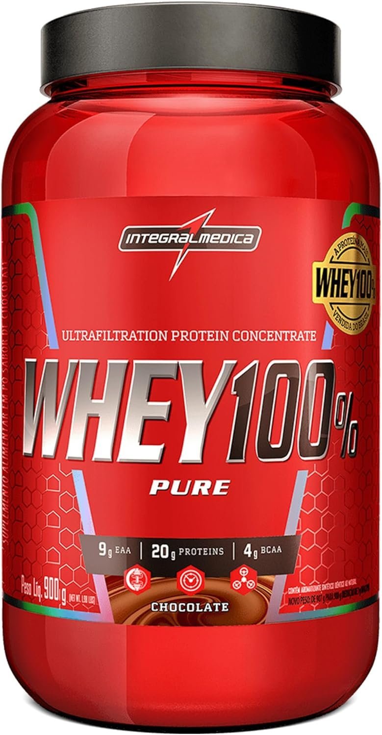Whey Protein Concentrado Chocolate 100% Pure – 21g de Proteína por Scoop, Suplementação Alimentar Pós-Treino, Fórmula Enriquecida com BCAAs – Pote 900g